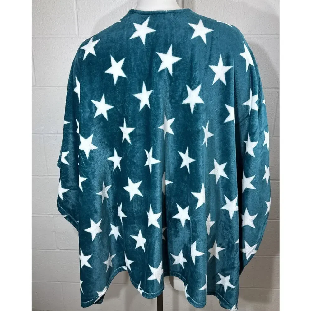 Warm & Cozy Oversized Fleece Wearable Blanket Poncho Teal Stars